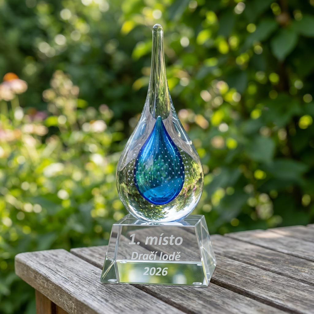 Skleněná sportovní trofej s vygravírovaným textem turnaje na podstavci